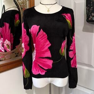Y2K Elizabeth NY Black & Pink Floral Graphic Beaded Rhinestone Fuzzy Sweater M